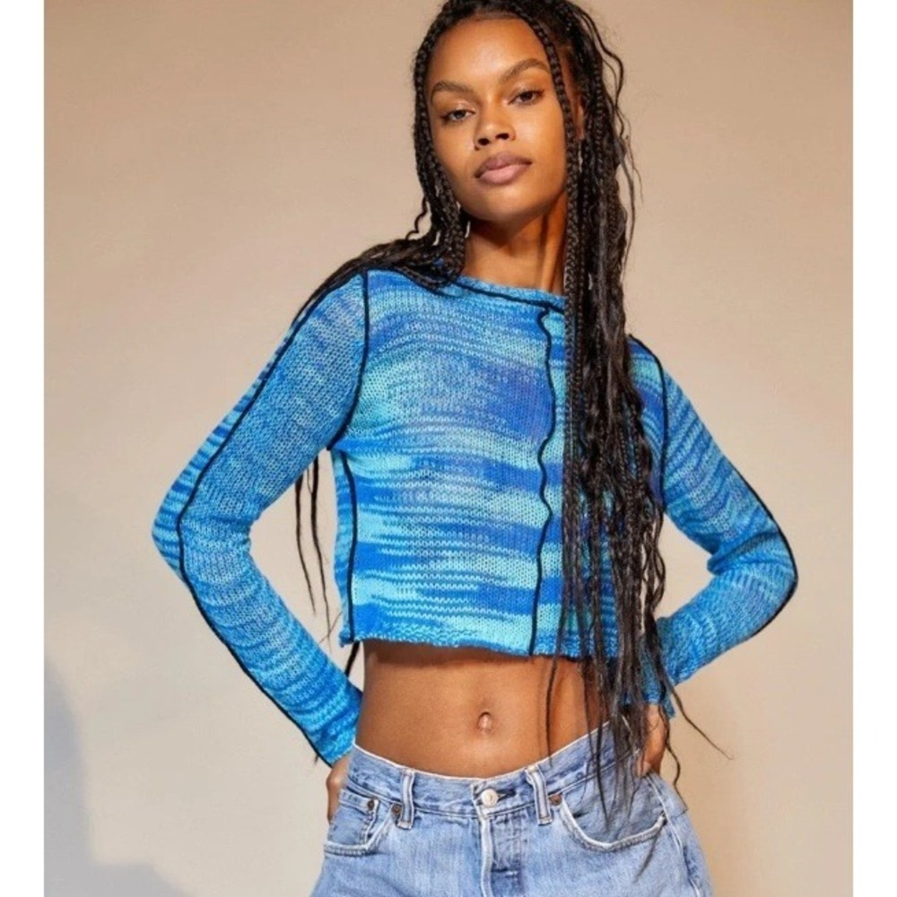 The Ragged Priest | Blue Space Dye Knit Crop Top Exposed Seam Sweater | Medium